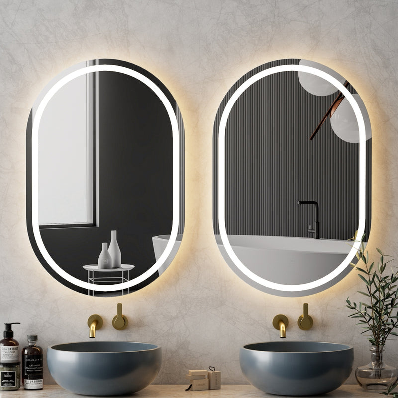 2 LED Wall Mirror With Light 50X75CM Bathroom Decor Oval Mirrors Vanity with round gray sinks and gold faucets