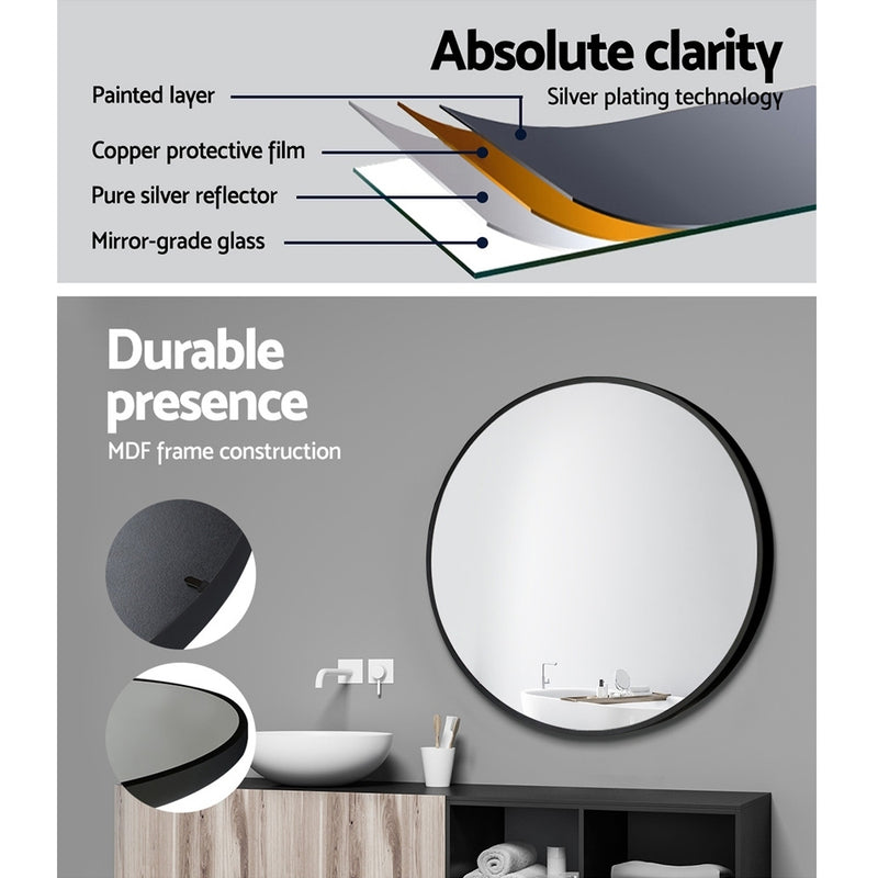 2 Wall Mirror Makeup 50cm Home Decor Framed Mirrors Bathroom Round Black with durable MDF frame and silver plating technology layers