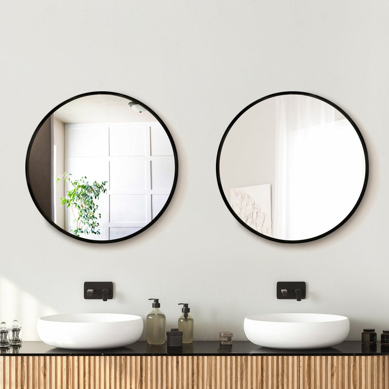 2 Wall Mirror Makeup 50cm Home Decor Framed Mirrors Bathroom Round Black with slim black frames above double sinks