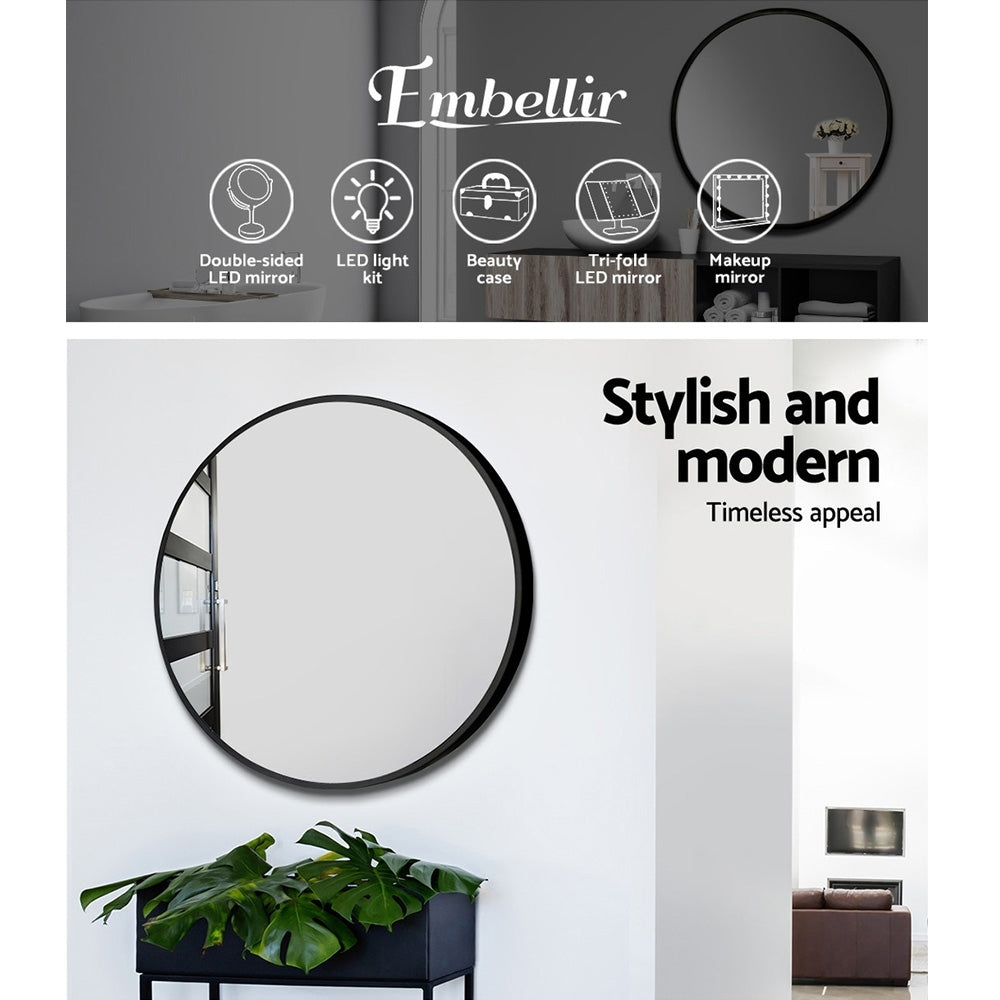 2 Wall Mirror Makeup 70cm Home Decor Framed Mirrors Bathroom Round Black with sleek black frame on white wall above plant and console