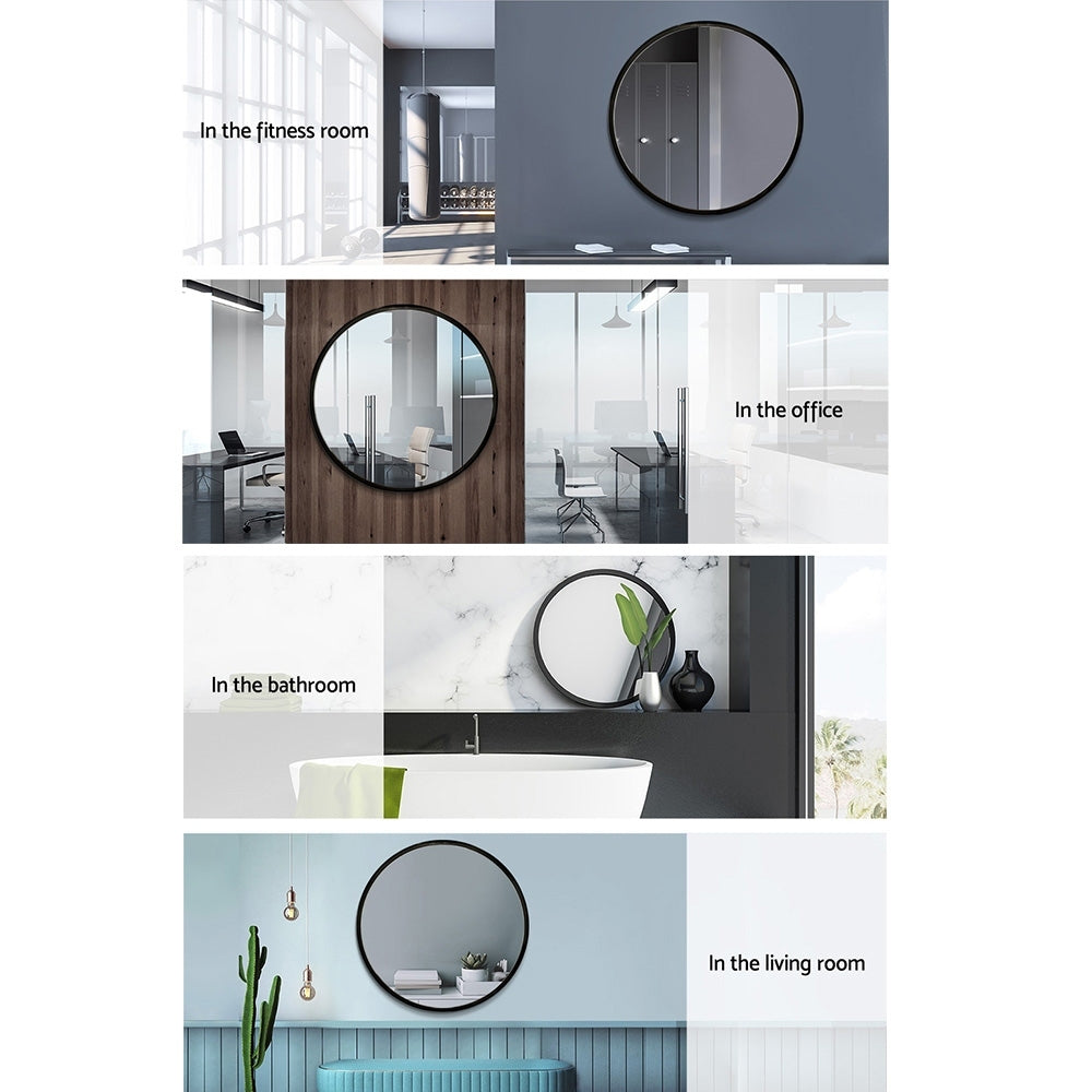 2 Wall Mirror Makeup 70cm Home Decor Framed Mirrors Bathroom Round Black shown in fitness room, office, bathroom, and living room settings
