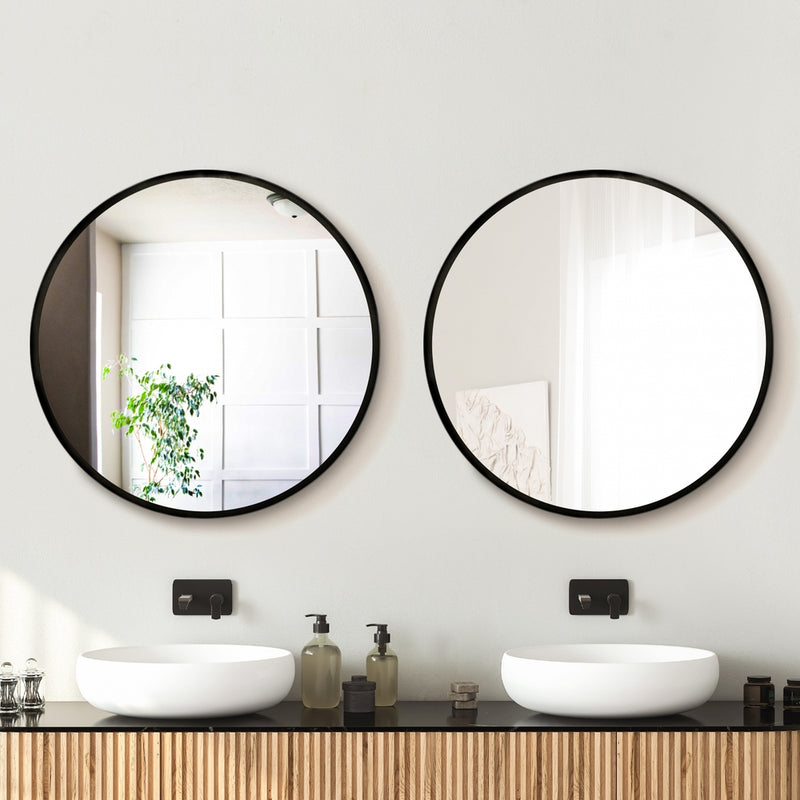 2 Wall Mirror Makeup 70cm Home Decor Framed Mirrors Bathroom Round Black shown above double sinks in modern bathroom setup