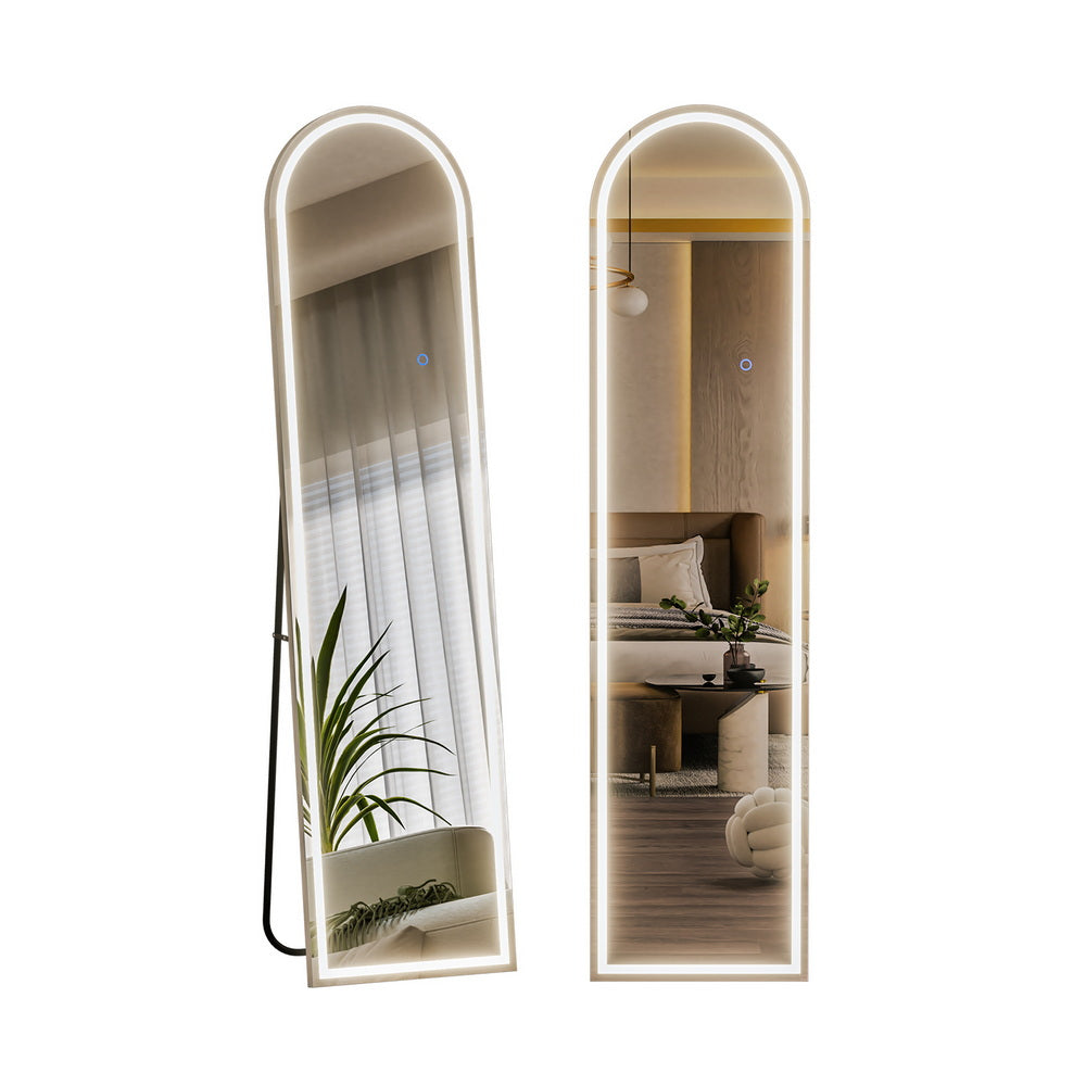 LED Full Length Mirror Floor Dressing Mirror 160cm with arched frame and adjustable LED lighting in bedroom setting