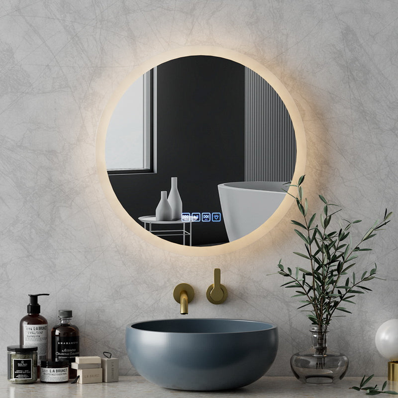Bluetooth LED Wall Mirror With Light 50CM Bathroom Decor Round Mirrors with illuminated frame over modern sink and faucet