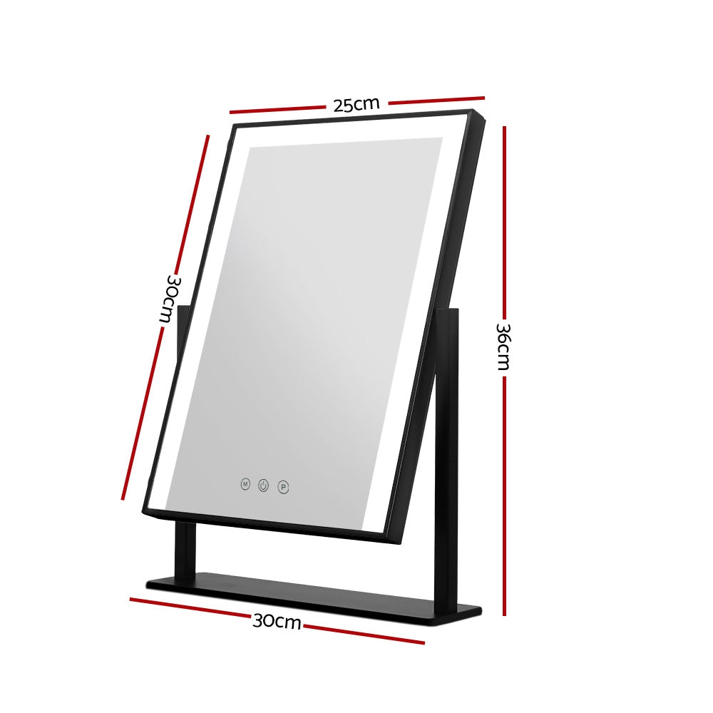 Makeup Mirror 25x30cm Hollywood Vanity with LED Light Rotation Black with touch controls and slim black frame