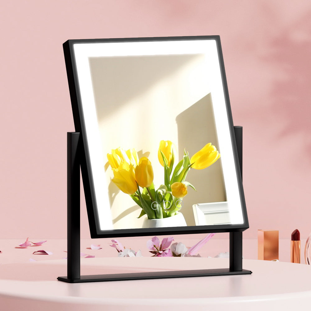 Makeup Mirror 25x30cm Hollywood Vanity with LED Light Rotation Black showing yellow tulips reflection on pink background