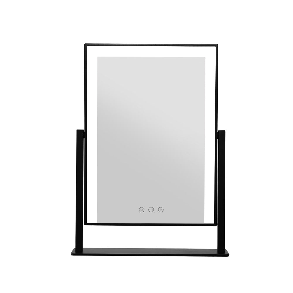 Makeup Mirror 30x40cm Hollywood Vanity with LED Light Rotation Black with sleek black frame and touch controls.