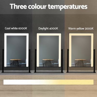 Makeup Mirror 30x40cm Hollywood Vanity with LED Light Rotation Black showing three color temperature settings side by side