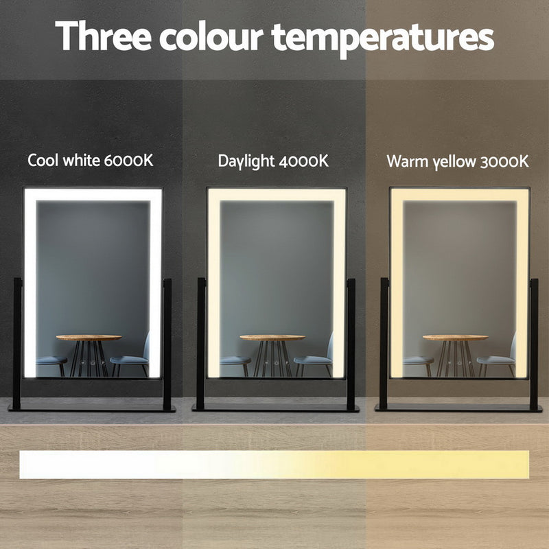 Makeup Mirror 30x40cm Hollywood Vanity with LED Light Rotation Black showing three color temperature settings side by side