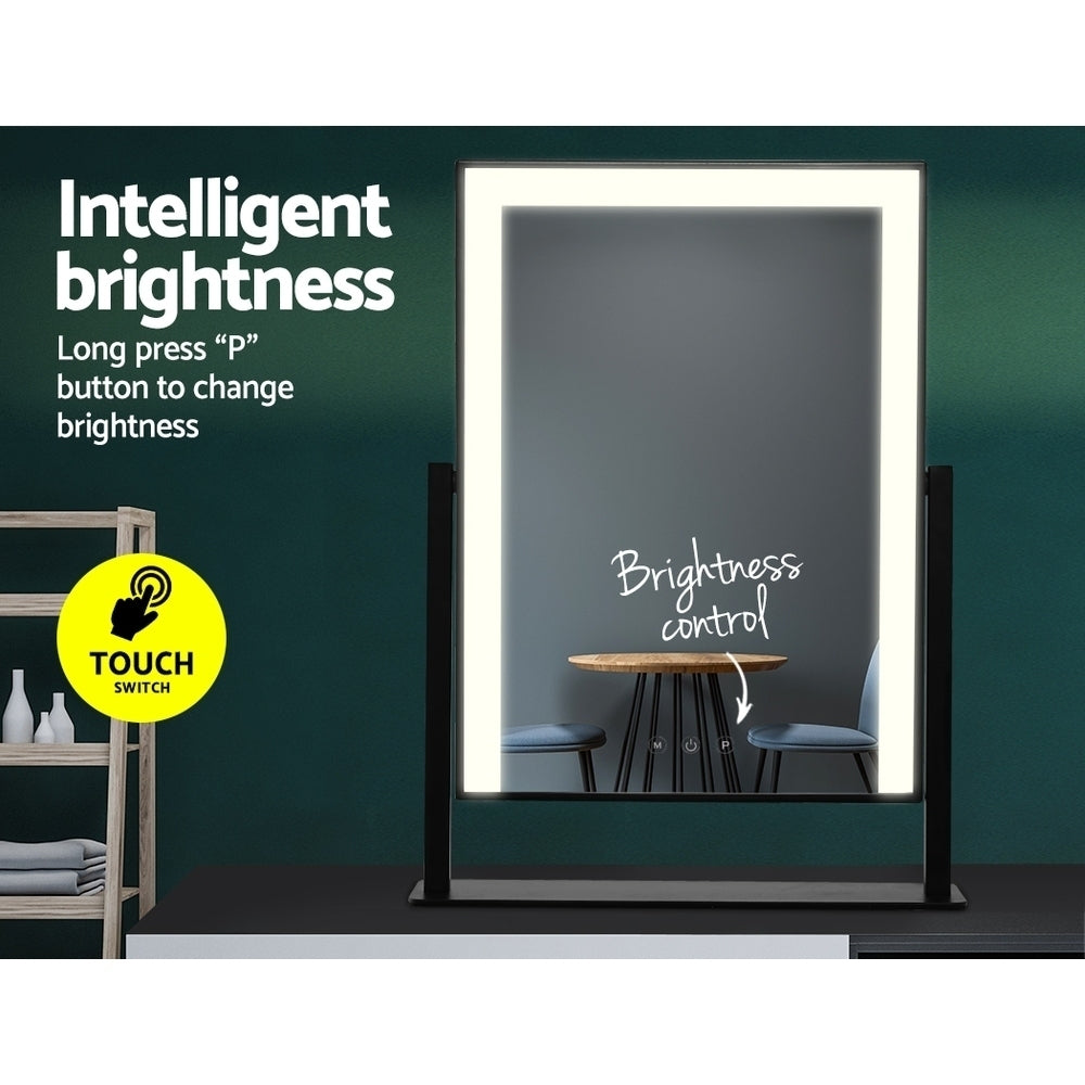 Makeup Mirror 30x40cm Hollywood Vanity with LED Light Rotation Black showing brightness control and touch switch feature on table