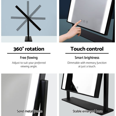 Makeup Mirror 30x40cm Hollywood Vanity with LED Light Rotation Black showing 360° rotation, touch control, metal frame, and stable base.