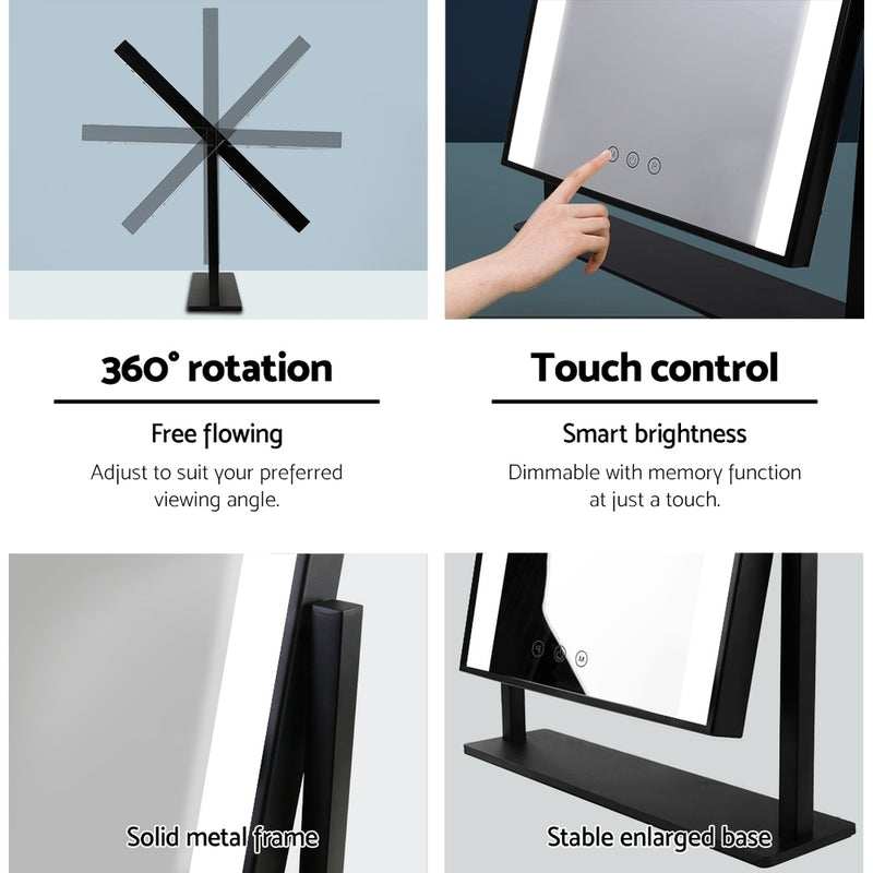 Makeup Mirror 30x40cm Hollywood Vanity with LED Light Rotation Black showing 360° rotation, touch control, metal frame, and stable base.
