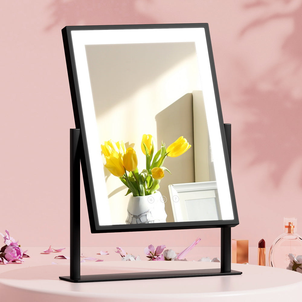 Makeup Mirror 30x40cm Hollywood Vanity with LED Light Rotation Black on pink table with reflected yellow tulips