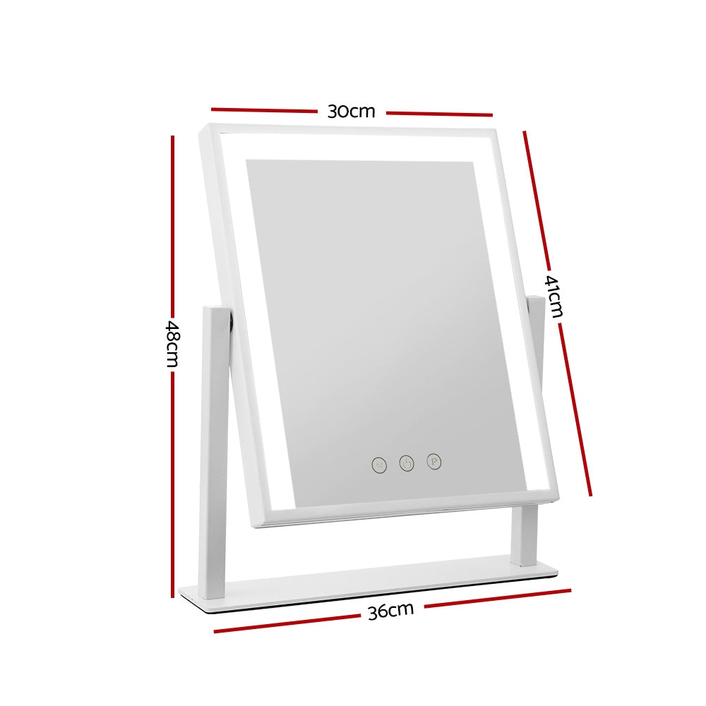 Makeup Mirror 30x40cm Hollywood Vanity with LED Light Rotation White shown with dimensions on white background