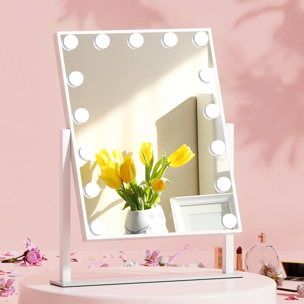 Makeup Mirror 40x50cm Hollywood Vanity with LED Light Rotation Tabletop with white frame and illuminated bulbs on pink background