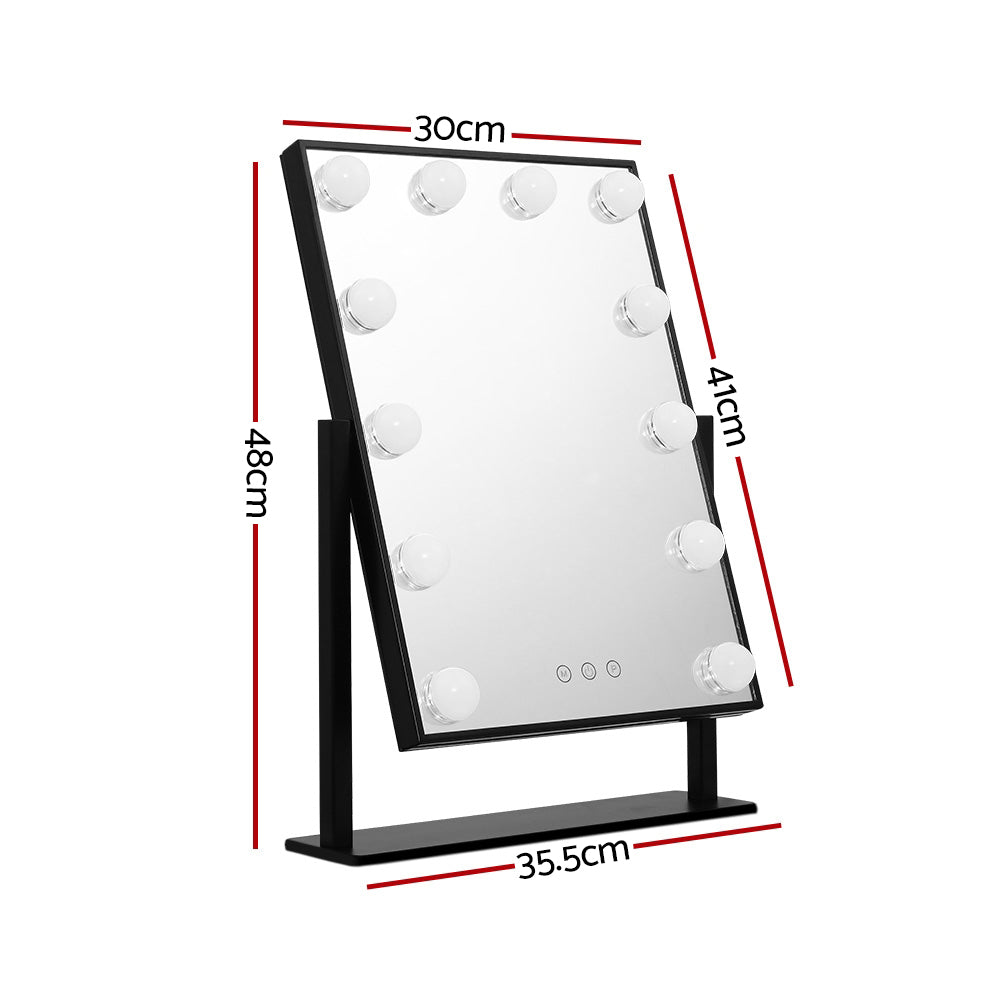Makeup Mirror 30x48cm Hollywood Vanity with LED Light Rotation Tabletop in black frame showing dimensions and LED bulbs