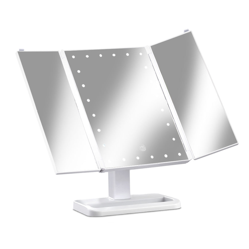 Makeup Mirror with 24 LED light Tri-fold Dimmable Tabletop Storage with central lighted mirror and side panels on white base
