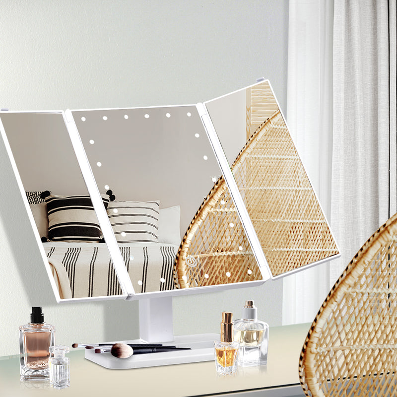 Makeup Mirror with 24 LED light Tri-fold Dimmable Tabletop Storage-7