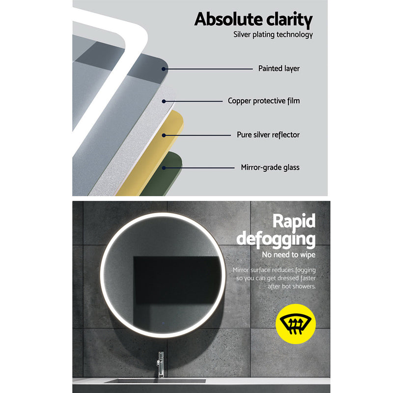 Wall Mirror 70cm with Led light Makeup Home Decor Bathroom Round Vanity showing silver plating layers and rapid defogging feature on dark background