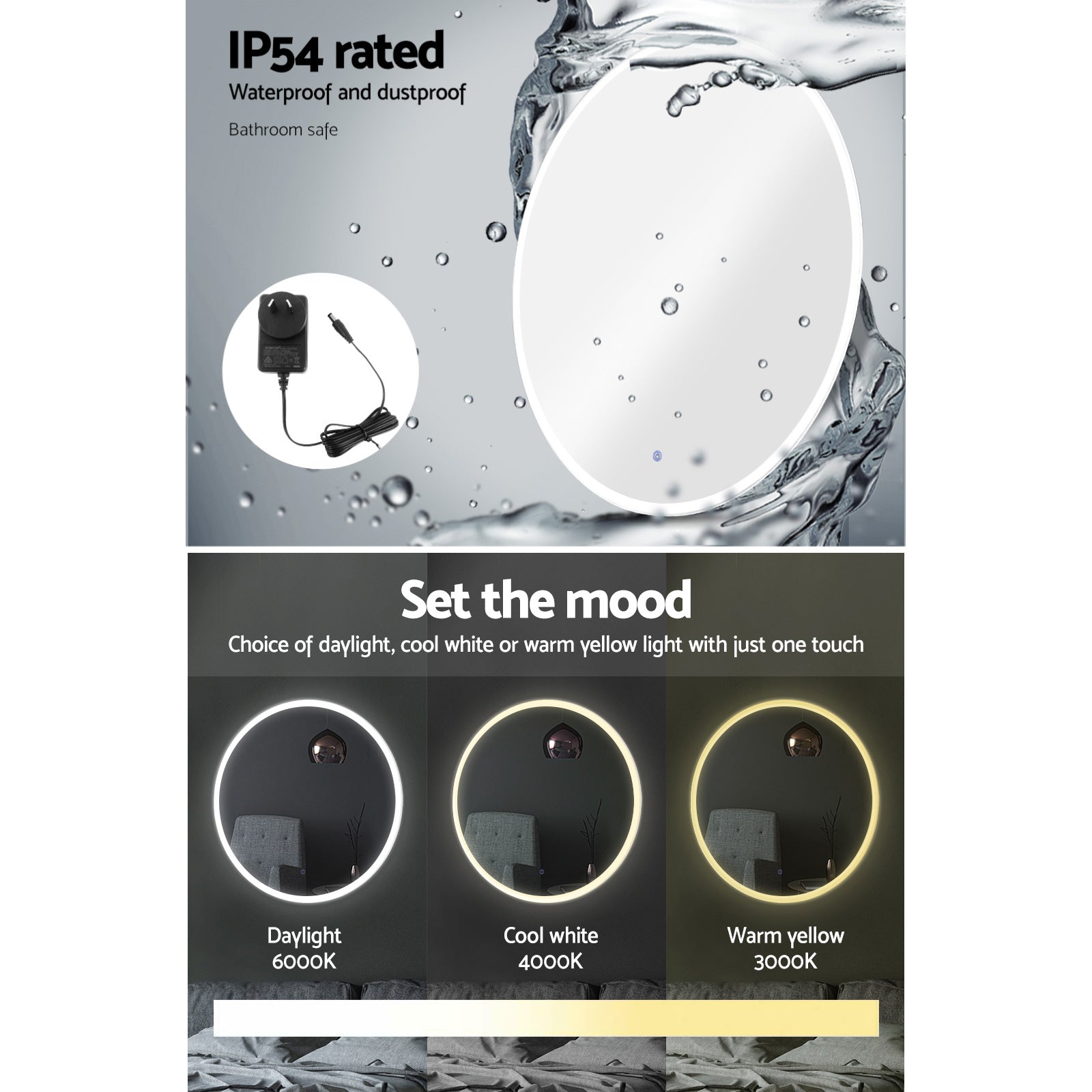 Wall Mirror 70cm with Led light Makeup Home Decor Bathroom Round Vanity showing waterproof rating and adjustable LED lighting modes