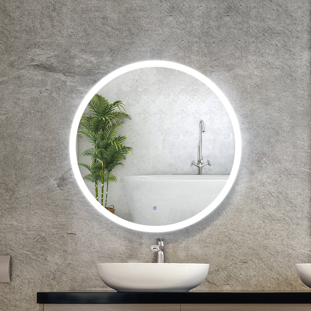 Wall Mirror 70cm with Led light Makeup Home Decor Bathroom Round Vanity mounted on textured gray wall above sink with plant reflection