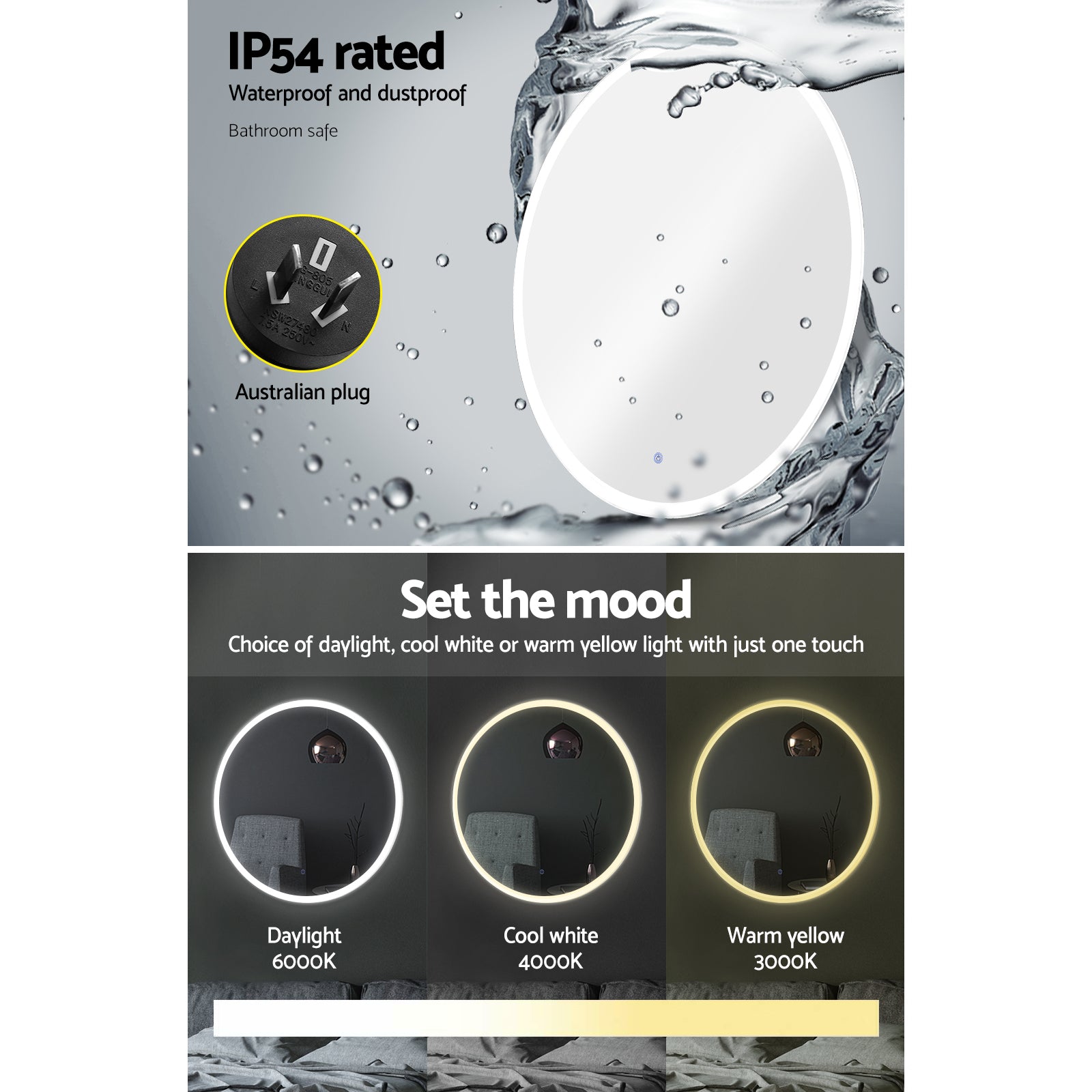 Wall Mirror 90cm with Led light Makeup Home Decor Bathroom Round Vanity showing waterproof rating and adjustable daylight, cool white, warm yellow light modes