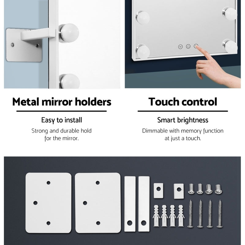 Hollywood Wall mirror Makeup Mirror With Light Vanity 12 LED Bulbs showing metal holders, touch control, and mounting hardware pieces