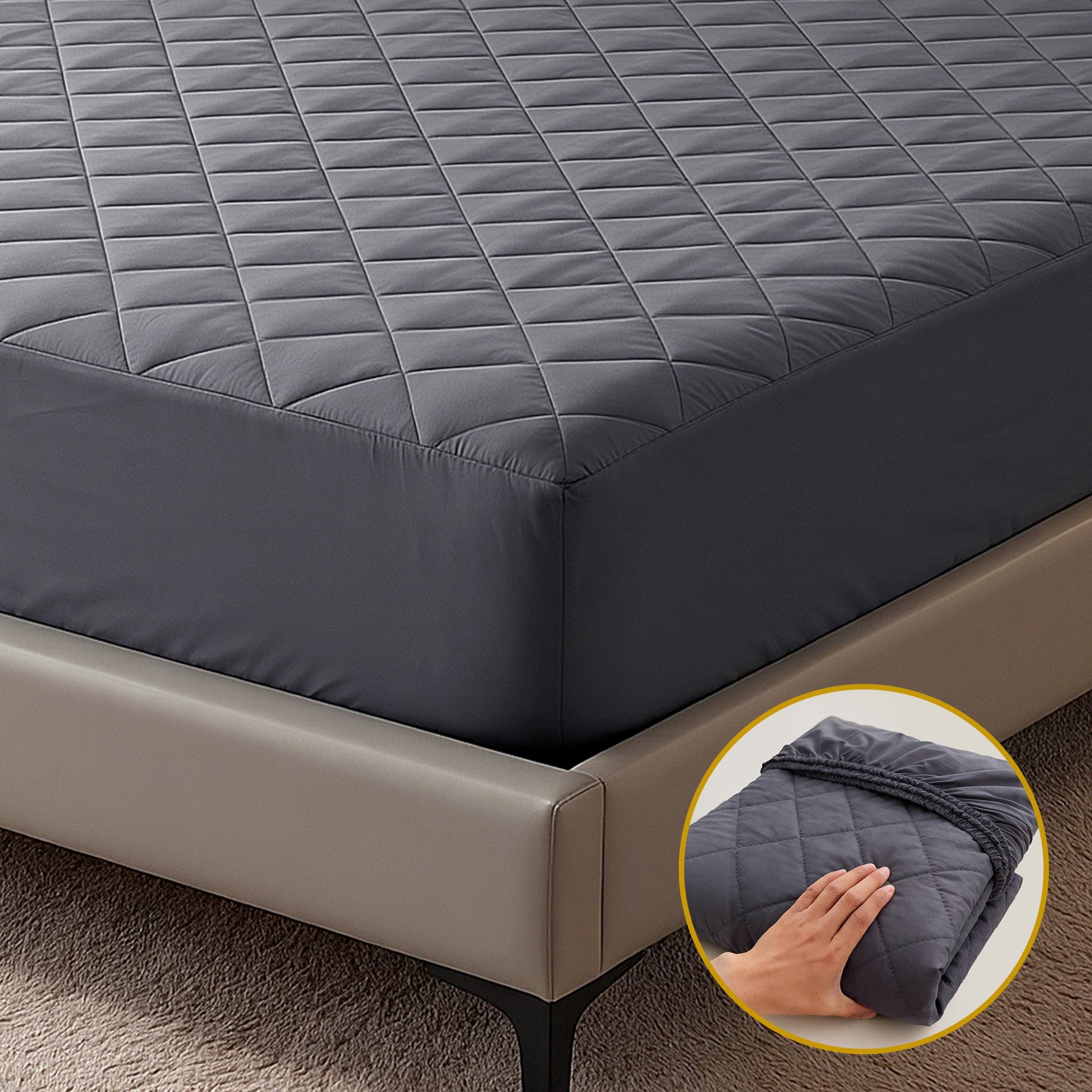 Water-Resistant Mattress Protector Microfiber 360° Fit Double in dark gray with quilted texture shown on beige bed frame