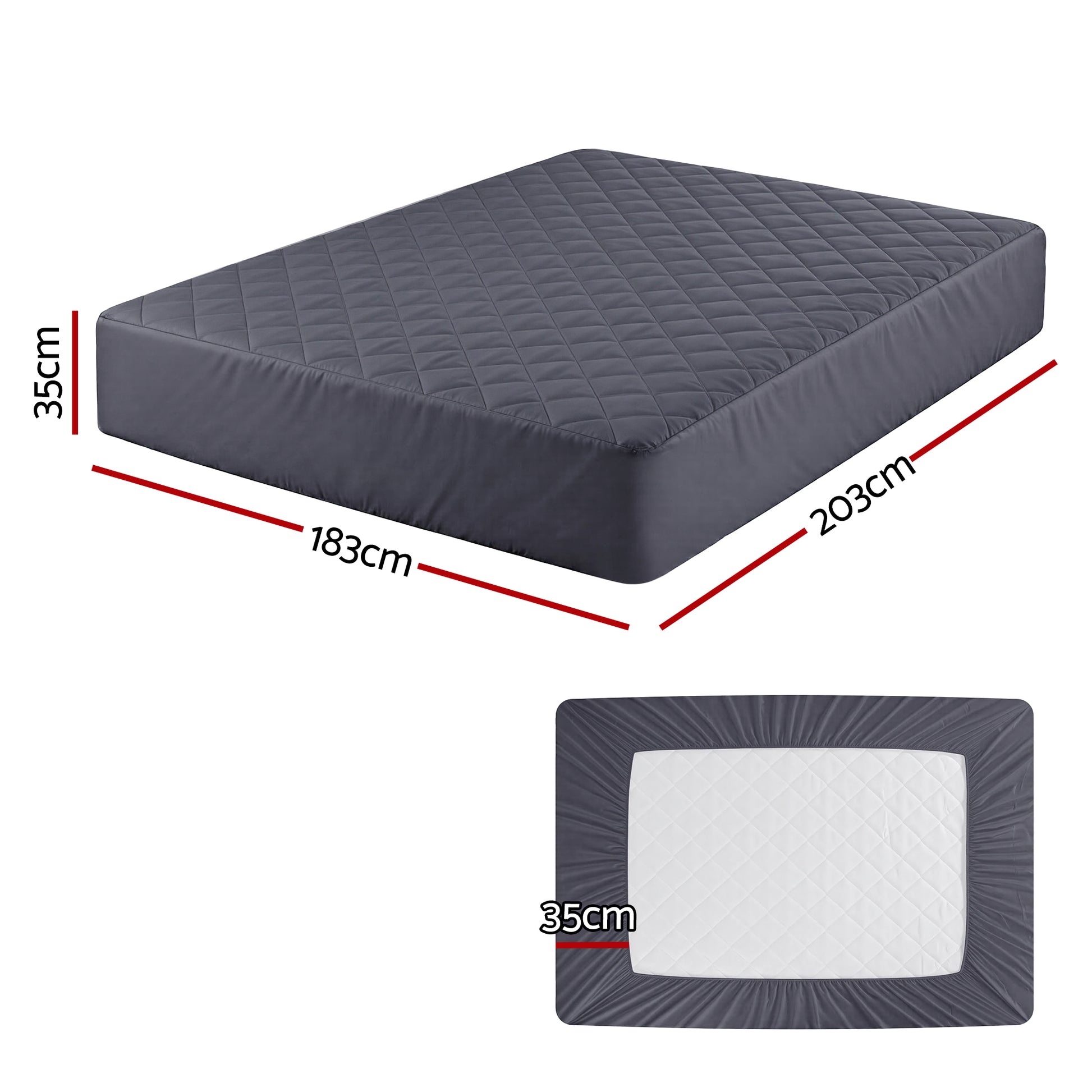 Water-Resistant Mattress Protector Microfiber 360° Fit King in dark gray with quilted pattern, showing dimensions and thickness