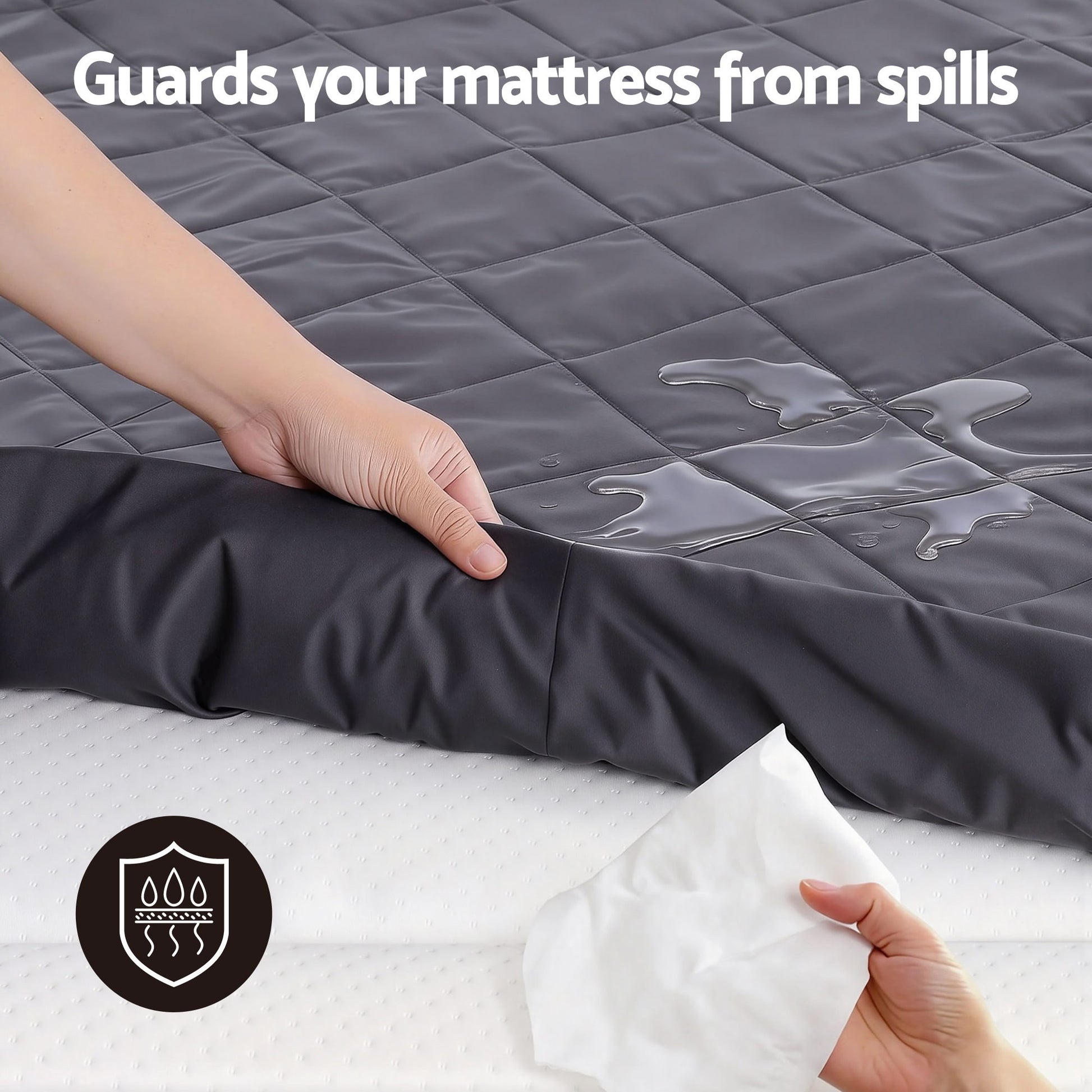 Water-Resistant Mattress Protector Microfiber 360° Fit King showing spill protection on quilted black surface with hands and wipe