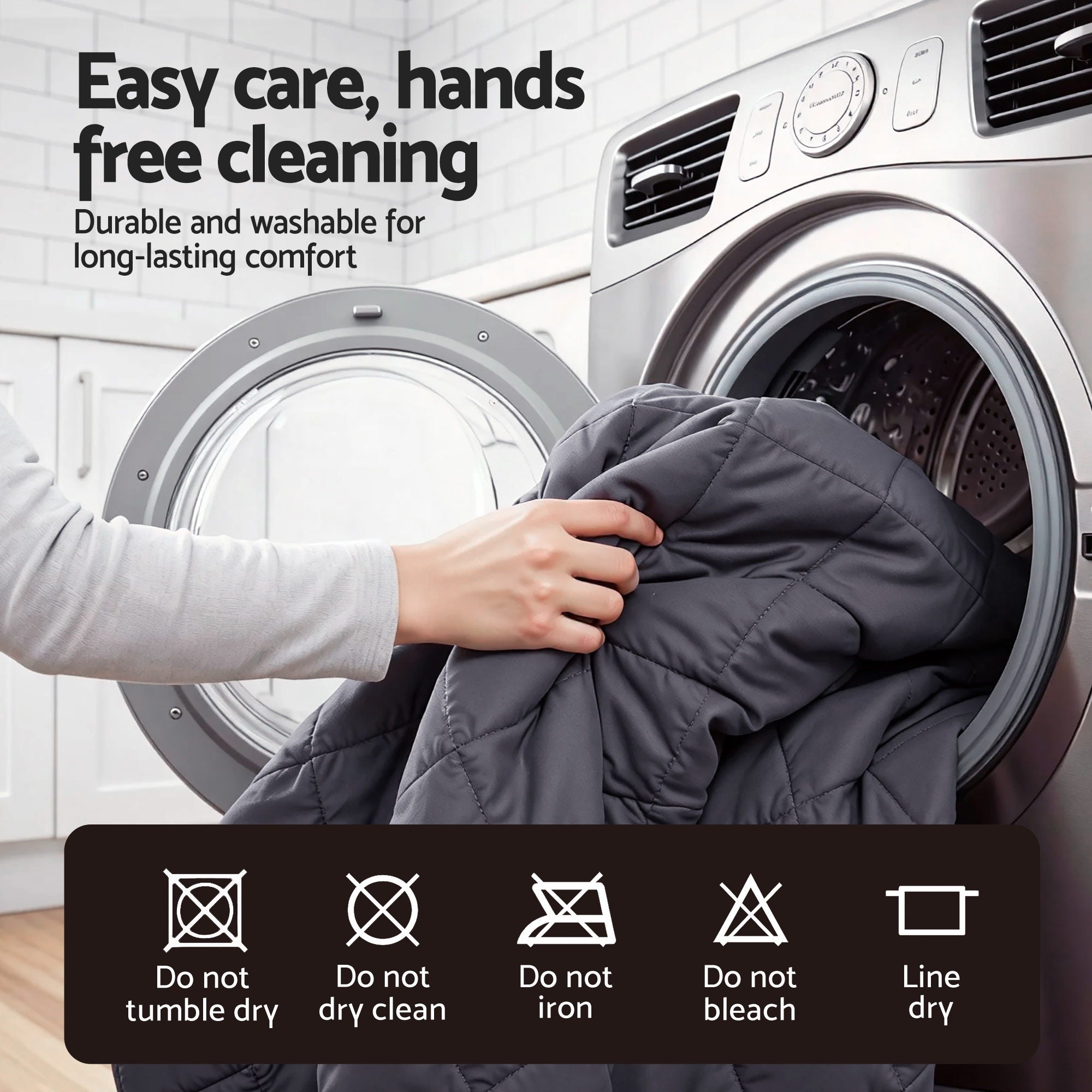 Water-Resistant Mattress Protector Microfiber 360° Fit Queen shown being placed in washing machine with care instructions visible