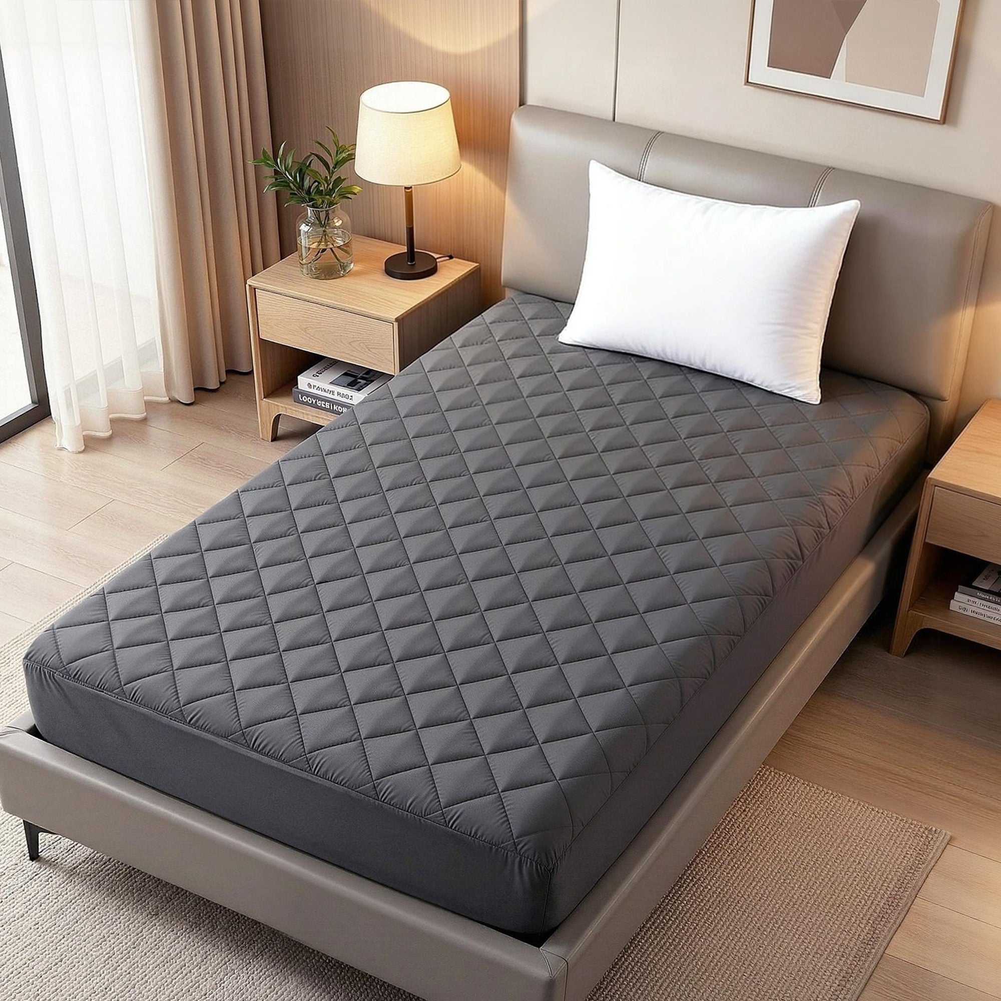 Water-Resistant Mattress Protector Microfiber 35cm 360° Fit Single in gray quilted fabric on modern bed with white pillow