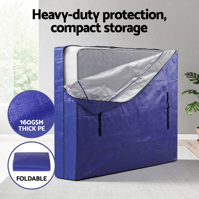 Mattress Bag Easy Moving Waterproof Storage Dust Cover Protector King in blue foldable 160gsm PE fabric shown with mattress inside