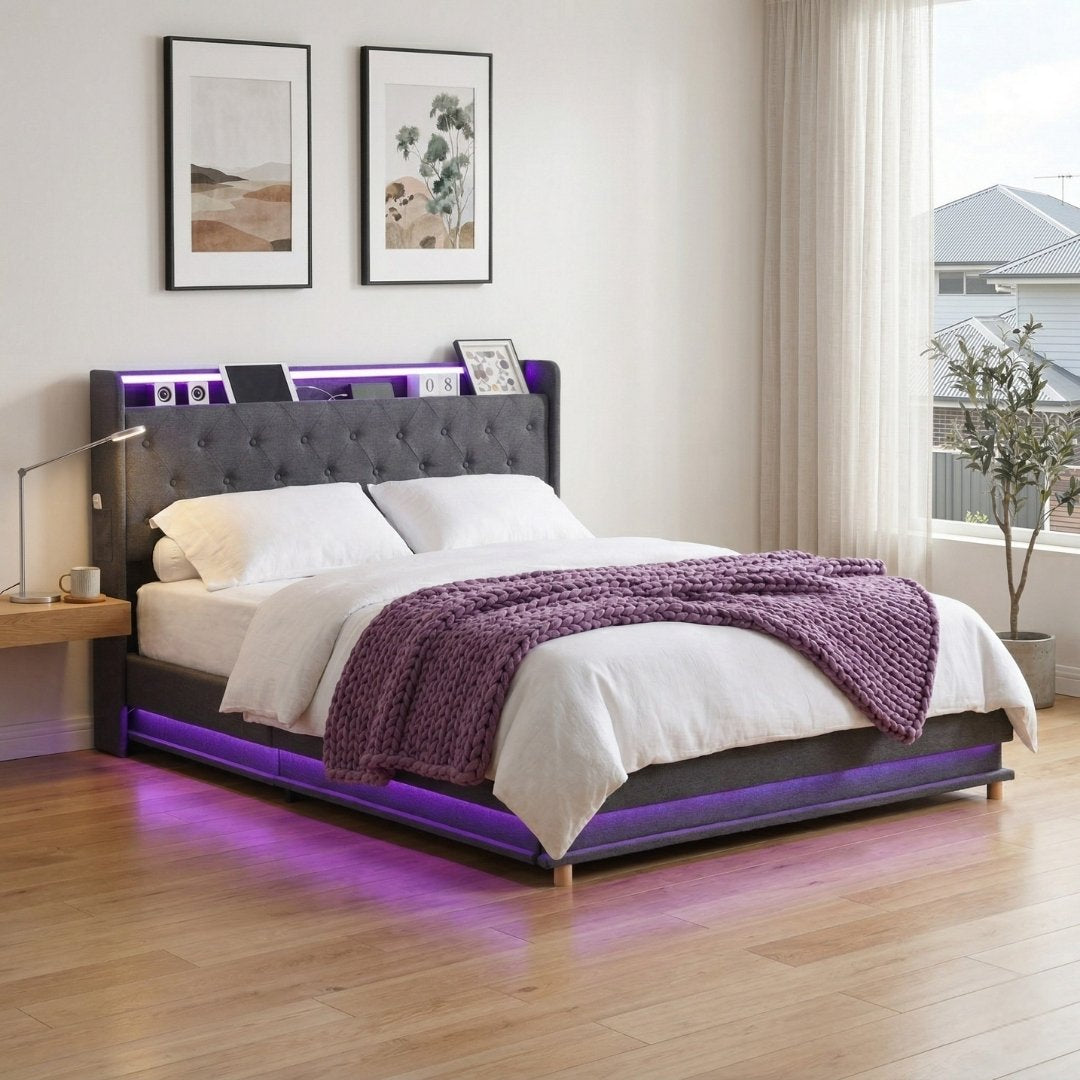 King Package | Mitchell LED Gas Lift Storage Bed Grey & Serenity Euro Top Mattress (Medium Firm)