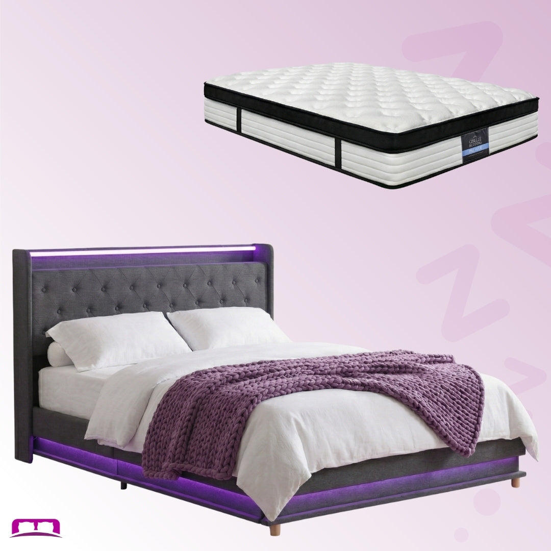 King Package | Mitchell LED Gas Lift Storage Bed Grey & Serenity Euro Top Mattress (Medium Firm)