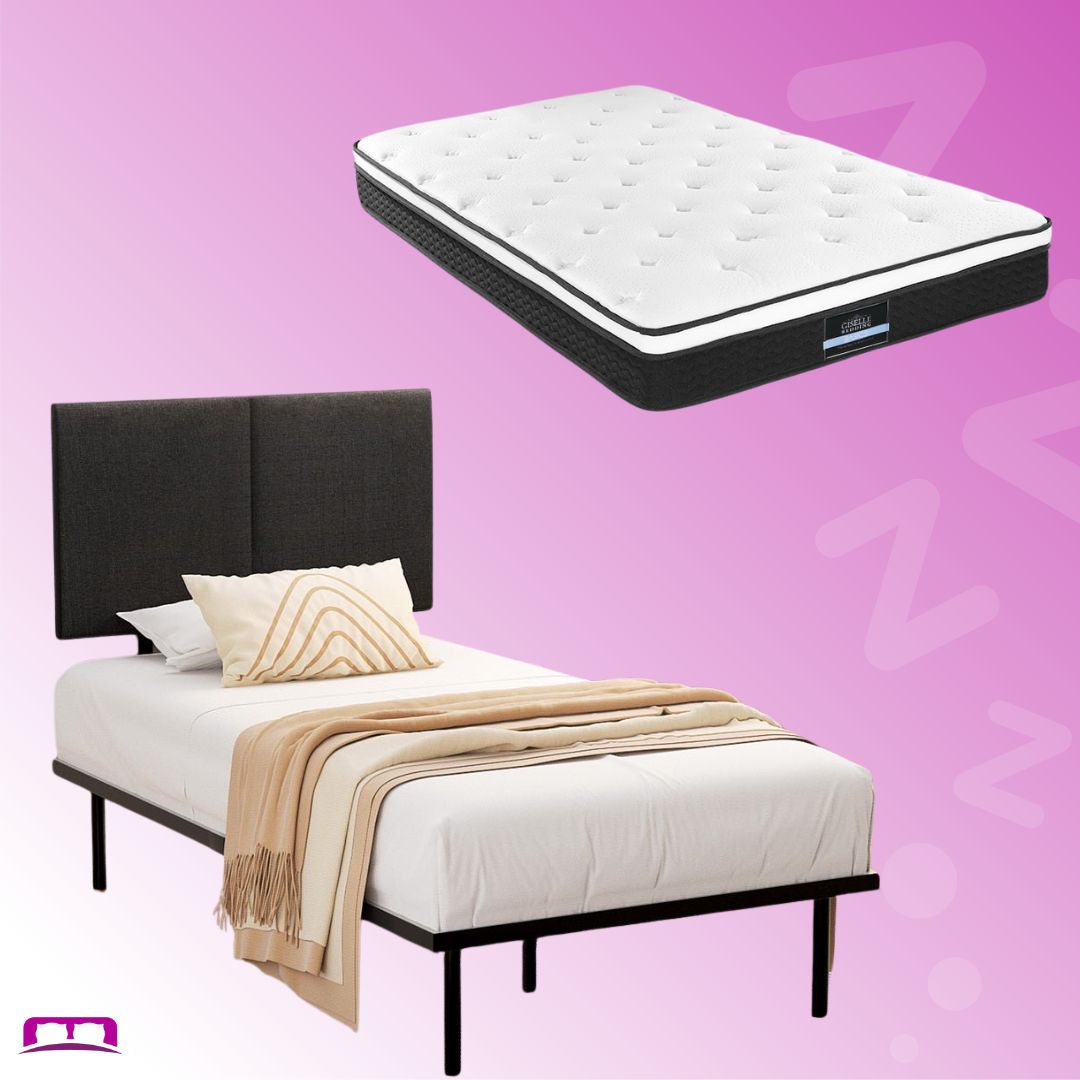 King Single Package | Norwood Modern Bed Frame Black with Bonita Euro Top Mattress Medium Firm on pink background