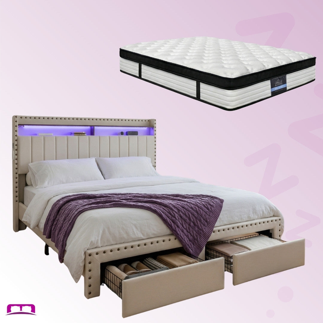 King Package | Nouvea LED Storage Bed Frame Beige & Serenity Euro Top Mattress (Medium Firm)