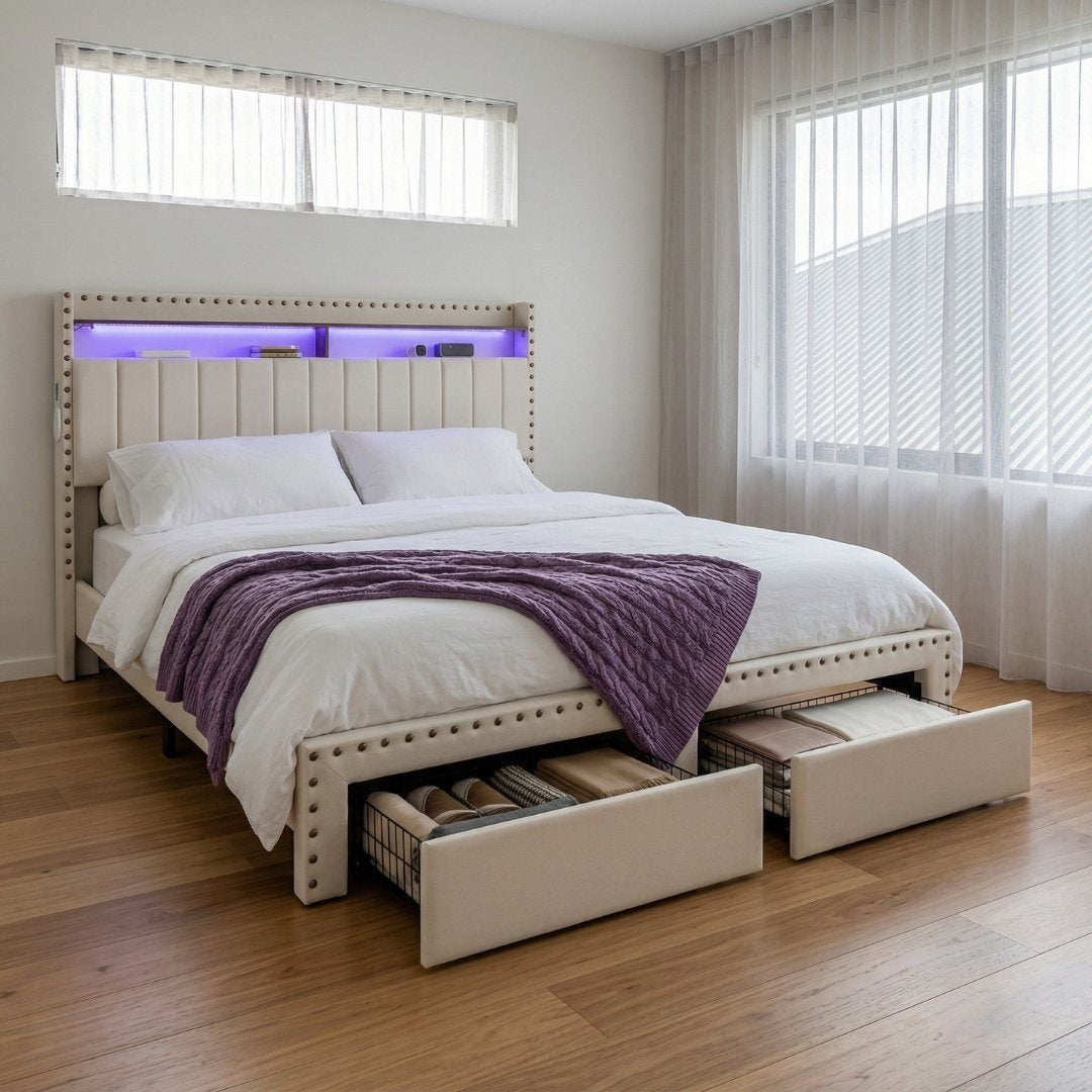 King Package | Nouvea LED Storage Bed Frame Beige & Serenity Euro Top Mattress (Medium Firm)