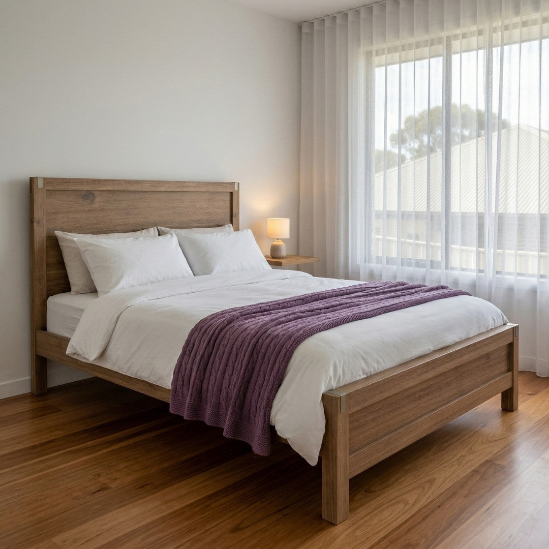 King Package | Nowra King Solid Acacia Wood Bed Frame Oak & Serenity Euro Top Mattress (Medium Firm)