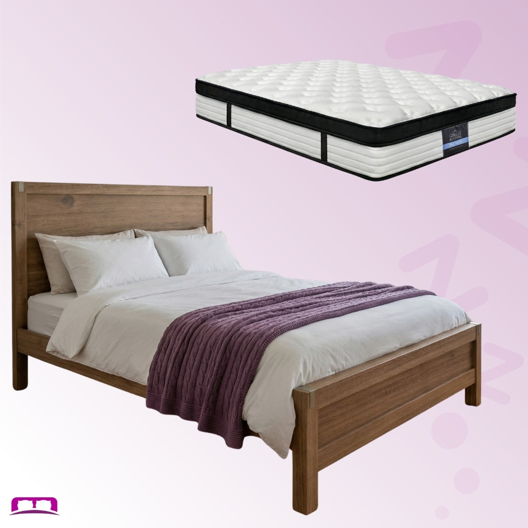 King Package | Nowra King Solid Acacia Wood Bed Frame Oak & Serenity Euro Top Mattress (Medium Firm)