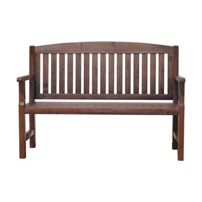 Outdoor Garden Bench Wooden 2 Seater Lounge Chair Patio Furniture Brown with slatted backrest and armrests on white background