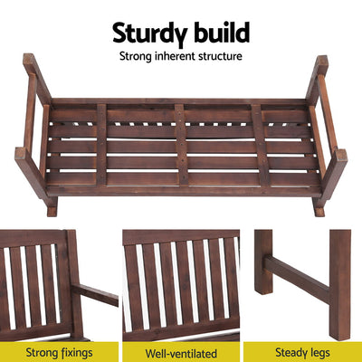 Outdoor Garden Bench Wooden 2 Seater Lounge Chair Patio Furniture Brown showing sturdy build, strong fixings, and well-ventilated slats