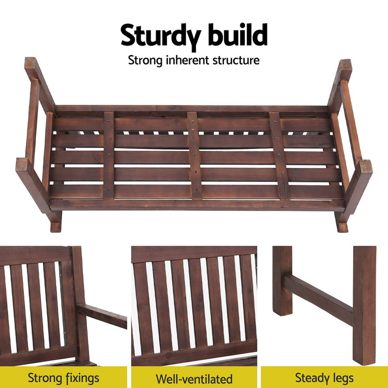 Outdoor Garden Bench Wooden 2 Seater Lounge Chair Patio Furniture Brown showing sturdy build, strong fixings, and well-ventilated slats