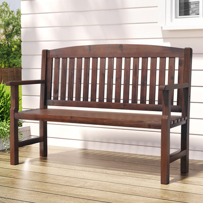 Outdoor Garden Bench Wooden 2 Seater Lounge Chair Patio Furniture Brown with slatted back and armrests on wooden deck