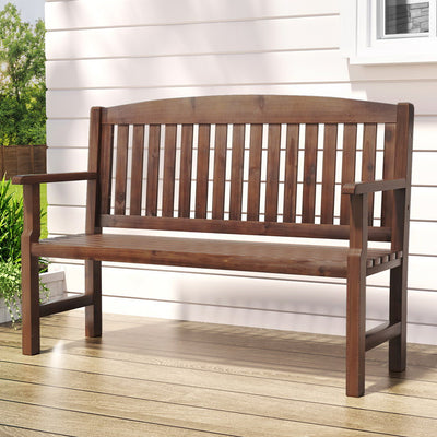 Outdoor Garden Bench Wooden 2 Seater Lounge Chair Patio Furniture Brown with slatted back and armrests on wooden deck
