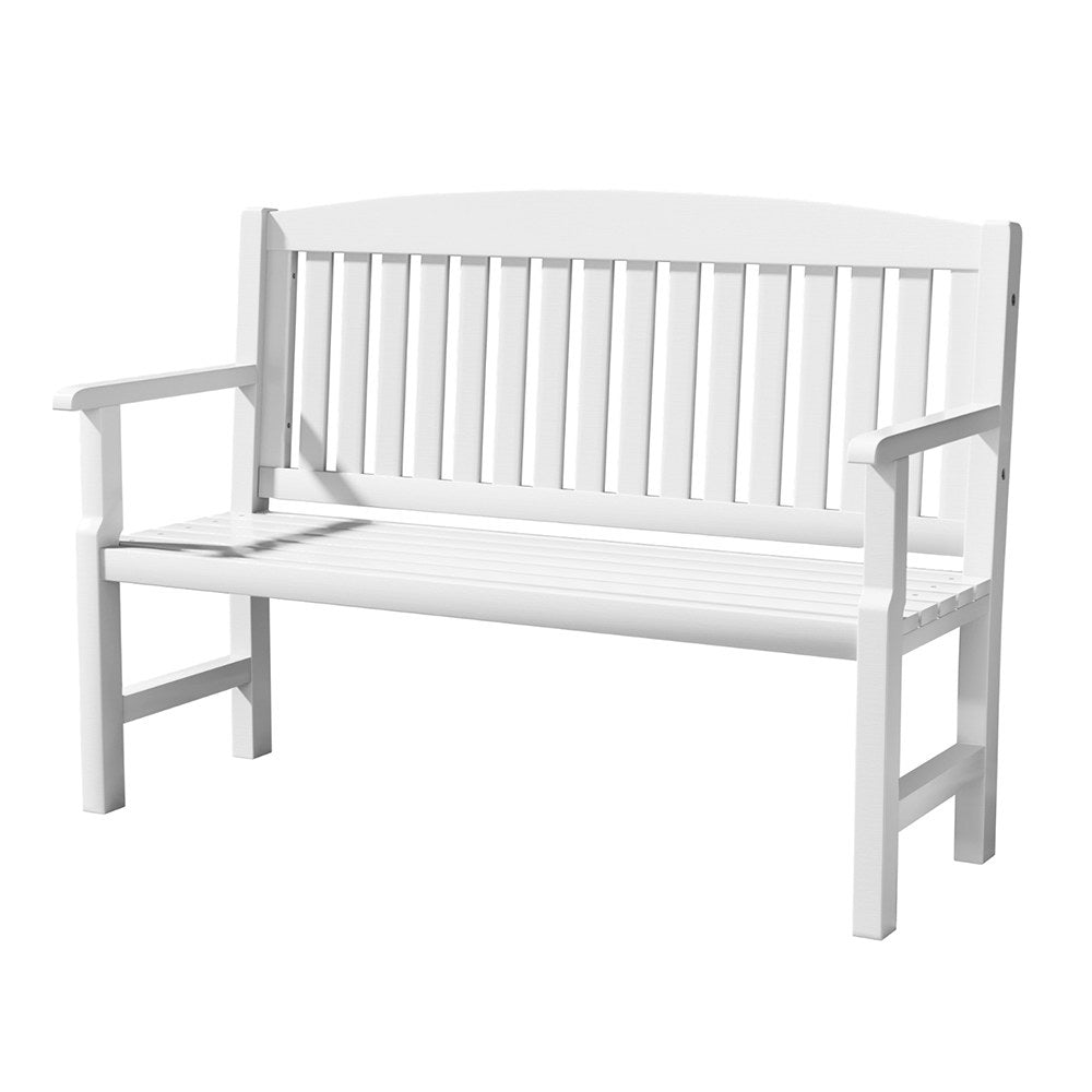 Outdoor Garden Bench Wooden 2 Seater Lounge Chair Patio Furniture White with slatted backrest and armrests on white background
