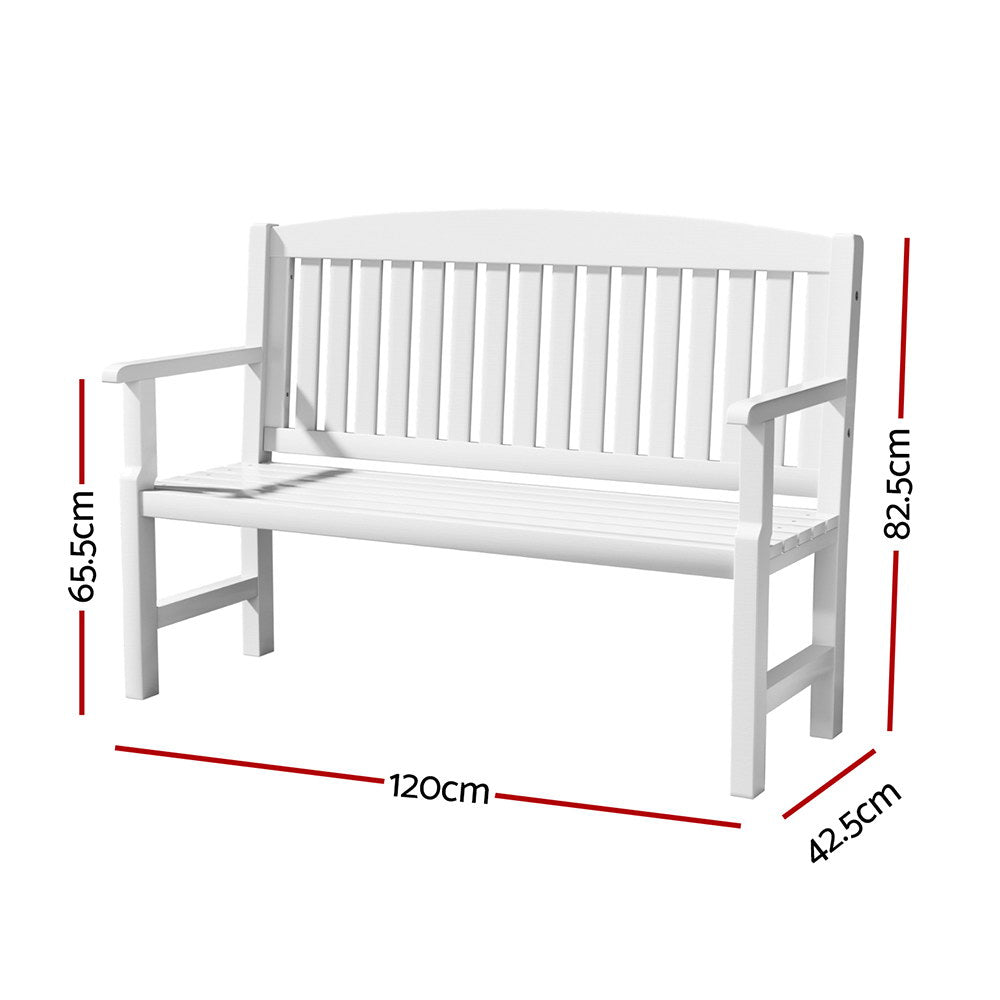 Outdoor Garden Bench Wooden 2 Seater Lounge Chair Patio Furniture White with slatted backrest and armrests shown with dimensions