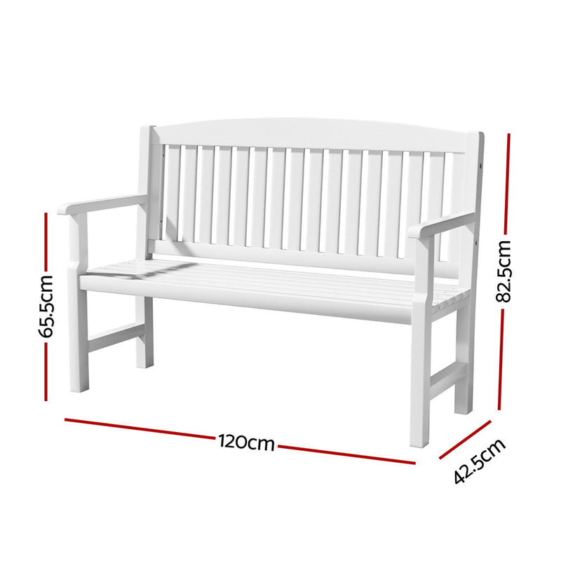 Outdoor Garden Bench Wooden 2 Seater Lounge Chair Patio Furniture White with slatted backrest and armrests shown with dimensions