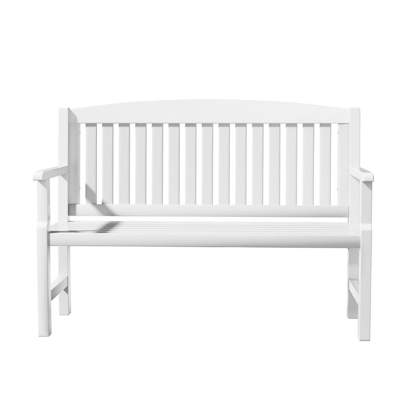 Outdoor Garden Bench Wooden 2 Seater Lounge Chair Patio Furniture White with slatted back and armrests on white background