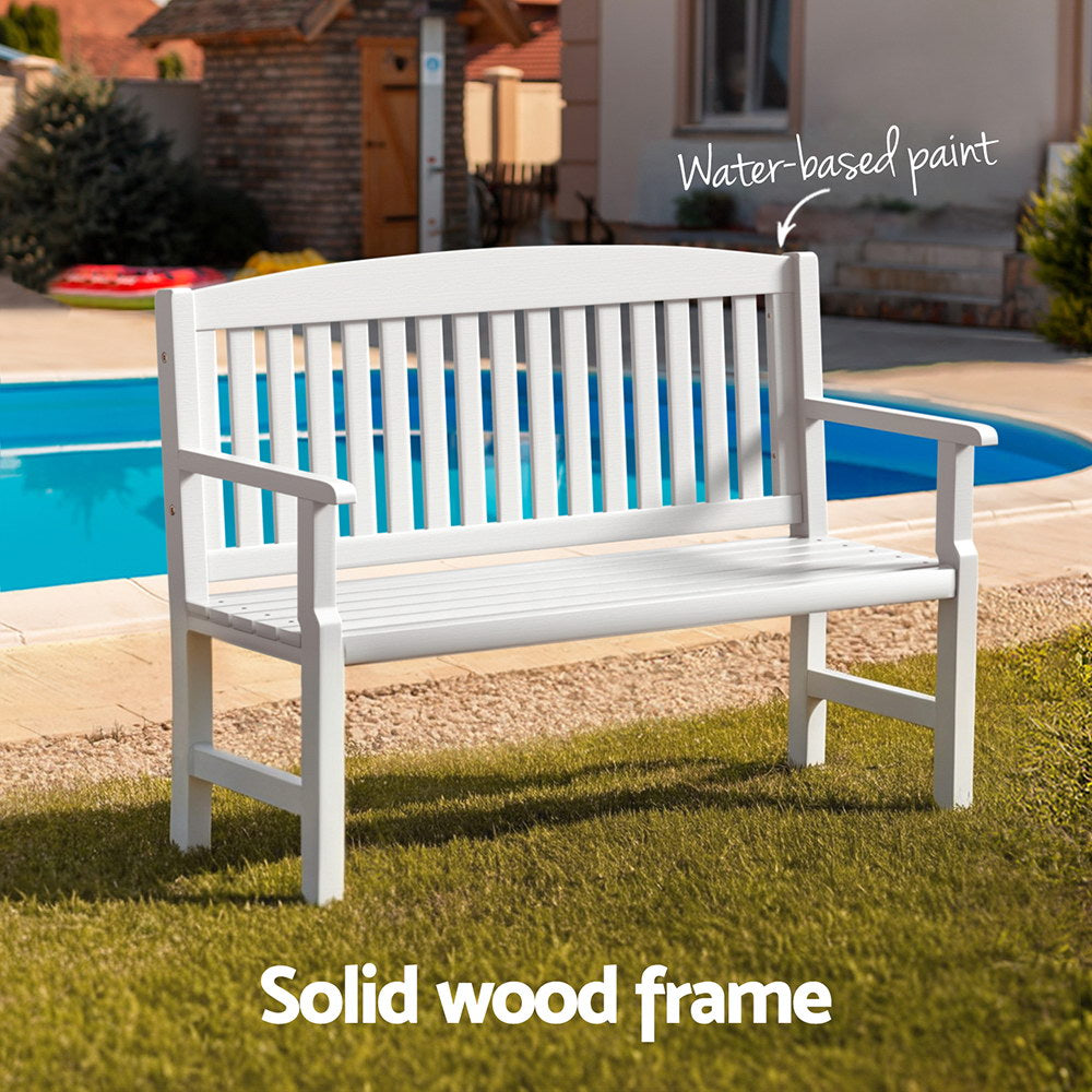 Outdoor Garden Bench Wooden 2 Seater Lounge Chair Patio Furniture White with solid wood frame by poolside on grass